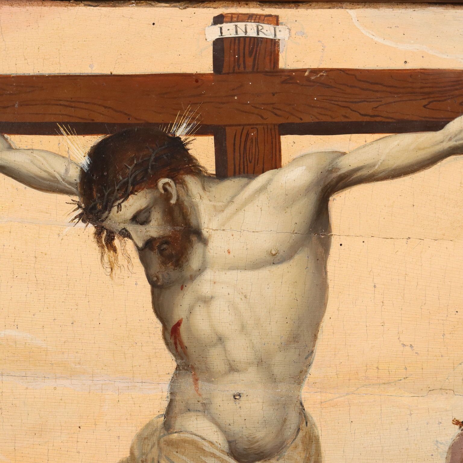 Tableau d'époque, Christ en croix avec saints, huile sur panneau, XVIe siècle photo Art