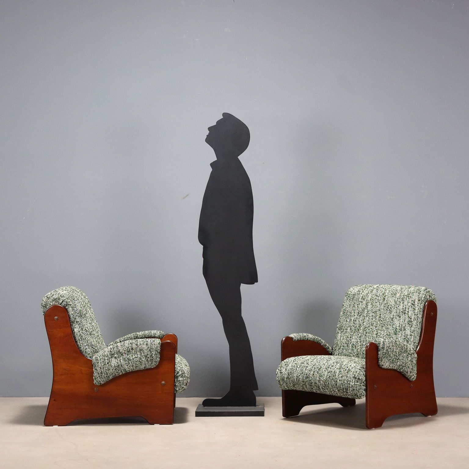 Vintage Armchairs Wood Fabric Cloth Design Italy 1960s photo for sale