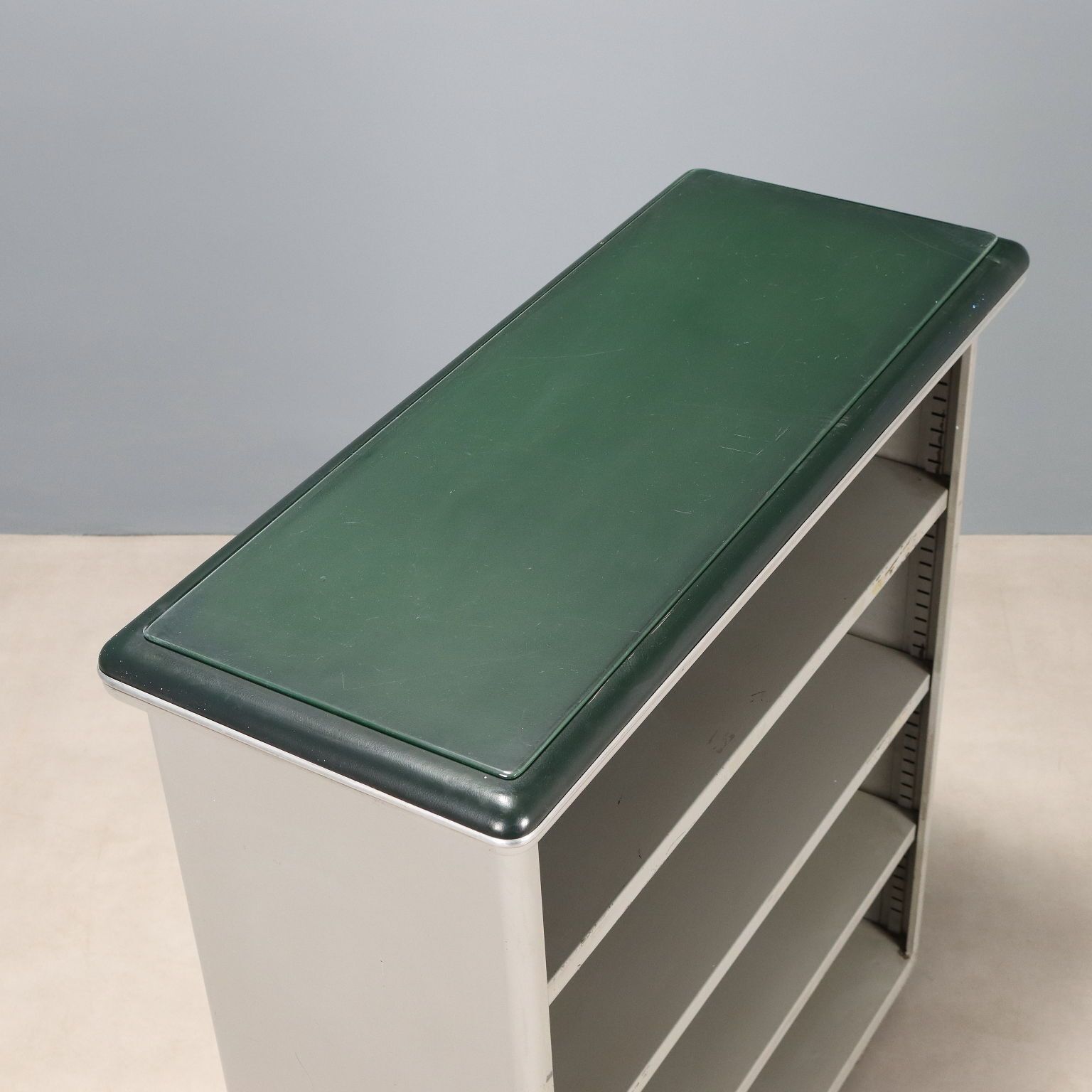 Vintage Bookcase Enamelled Metal Glass Leatherette Design 1960s photo vintage