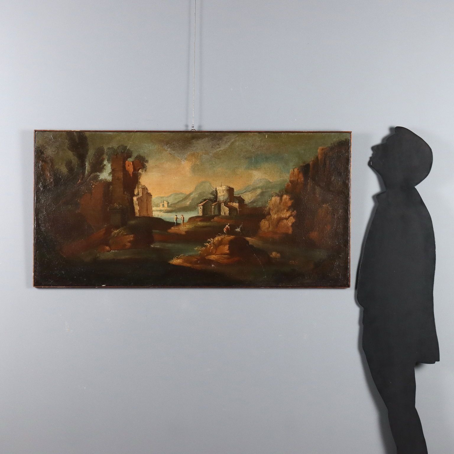Antiek schilderij, landschap met figuren, olieverf op doek, 18e eeuw photo furniture