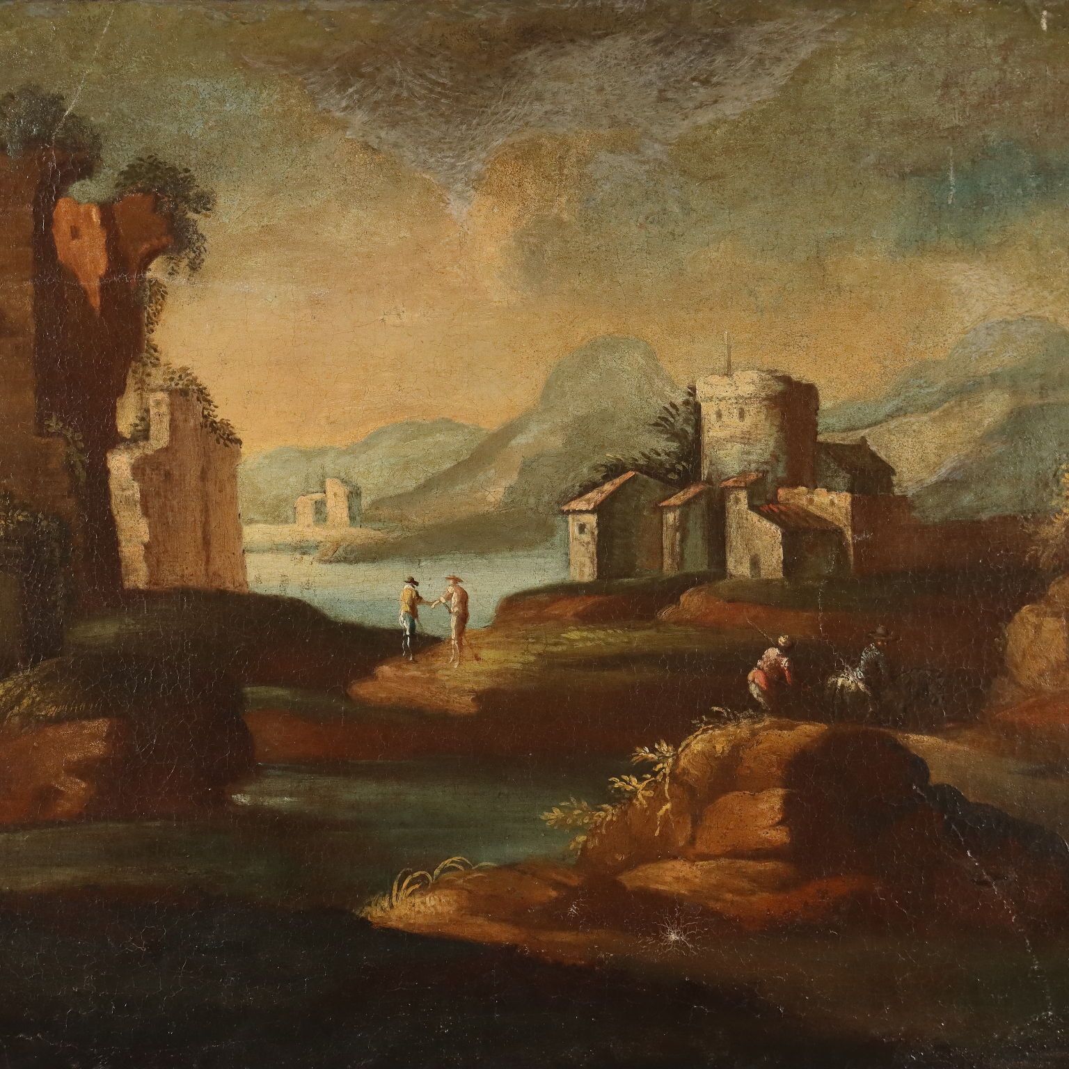 Antique Painting Landscape With Figures Oil On Canvas XVIII Century photo for sale