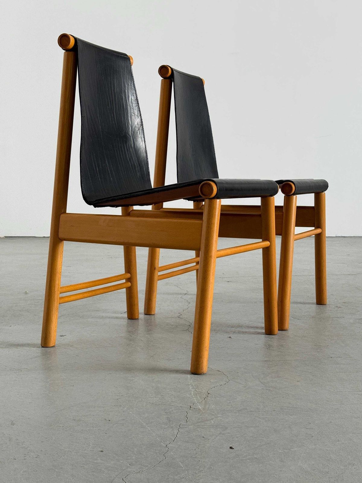 Pair Of Italian Sculptural Mid Century Modern Dining Chairs, Black Leather And Wood, Italy 1970s photo Furniture