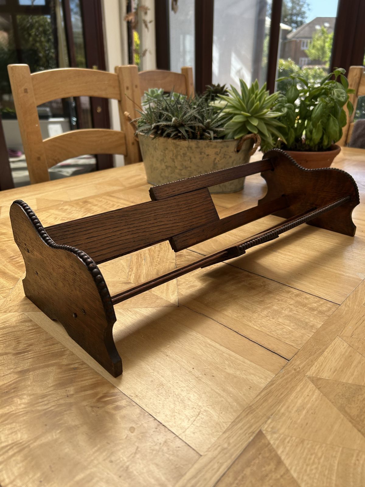Antique Oak, Beaded Expanding Book Trough Slide photo furniture
