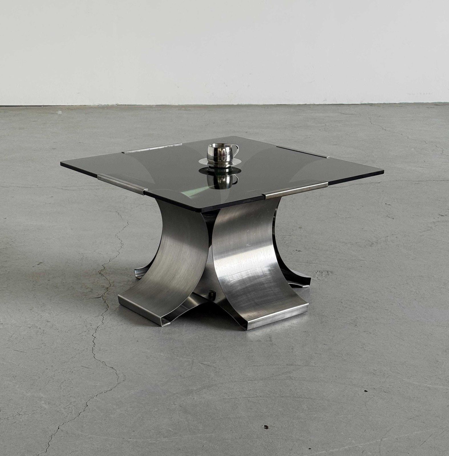 Vintage Coffee Table By Francois Monnet For Kappa, Curved Brushed Steel And Glass, 1970s France