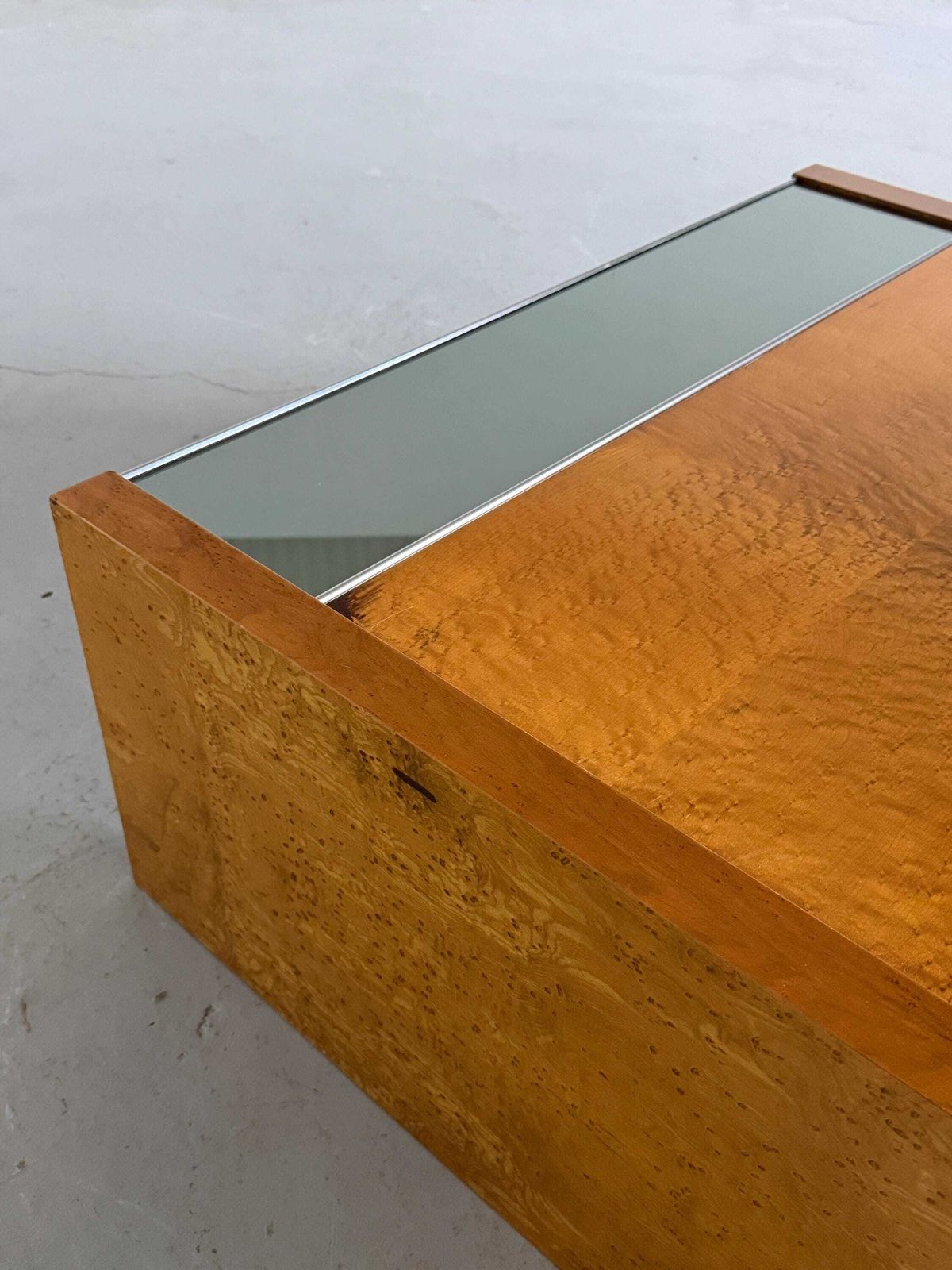 photo for sale Italian Modernist Burlwood Mirrored Coffee Table, 1970s