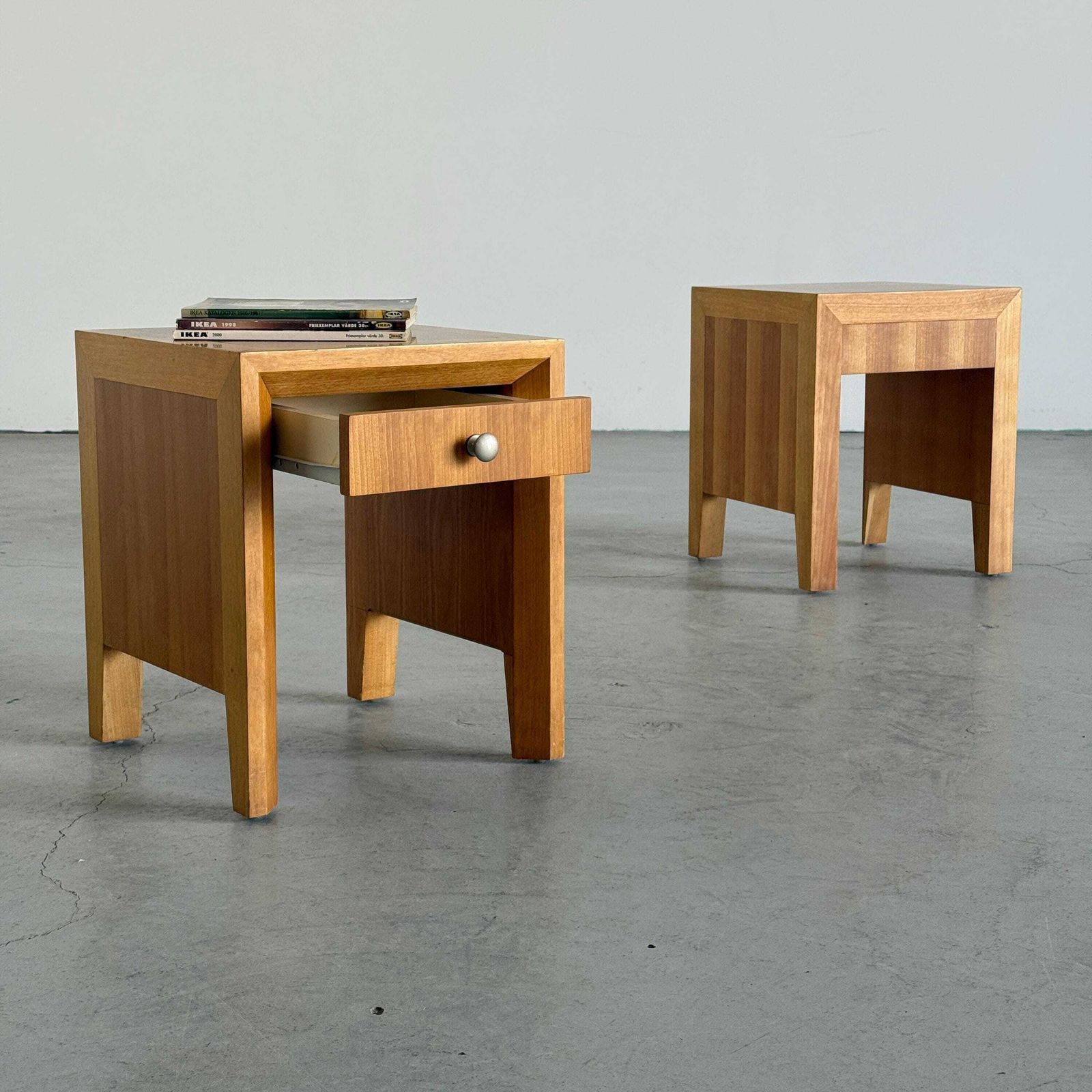Pair Of Modernist Geometric Wood Bedside Tables, 1980s photo furniture