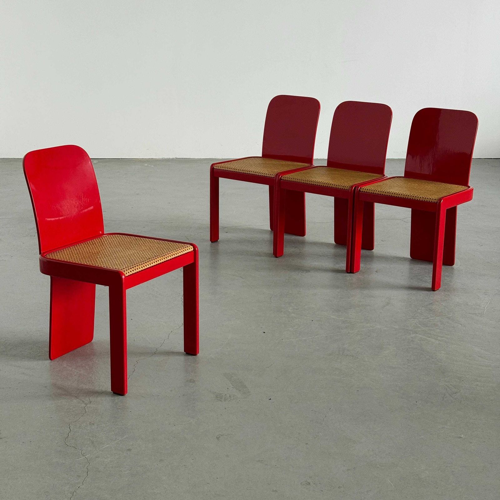 Set Of 4 Elegant Italian Mid Century Chairs By Pierluigi Molinari For Pozzi Milano, Red Lacquered Wood And Cane, 1970s photo for sale