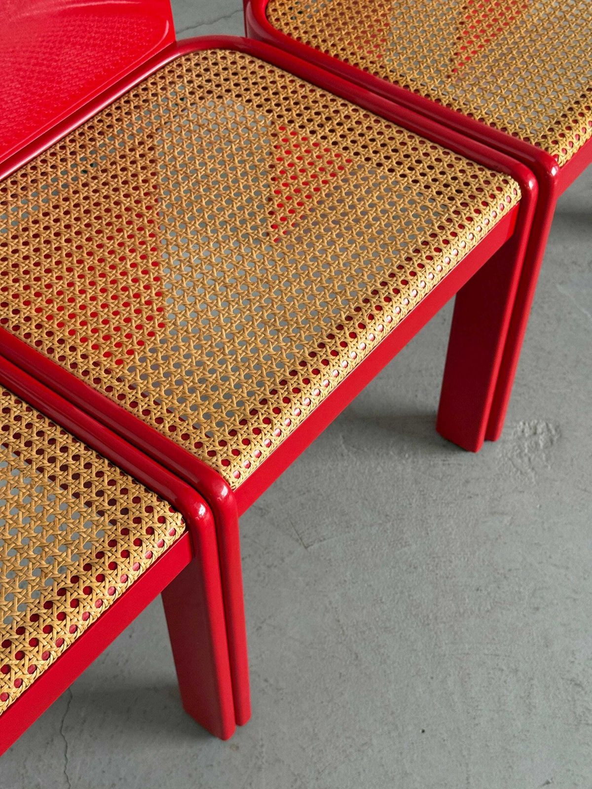 Set Of 4 Elegant Italian Mid Century Chairs By Pierluigi Molinari For Pozzi Milano, Red Lacquered Wood And Cane, 1970s photo buy