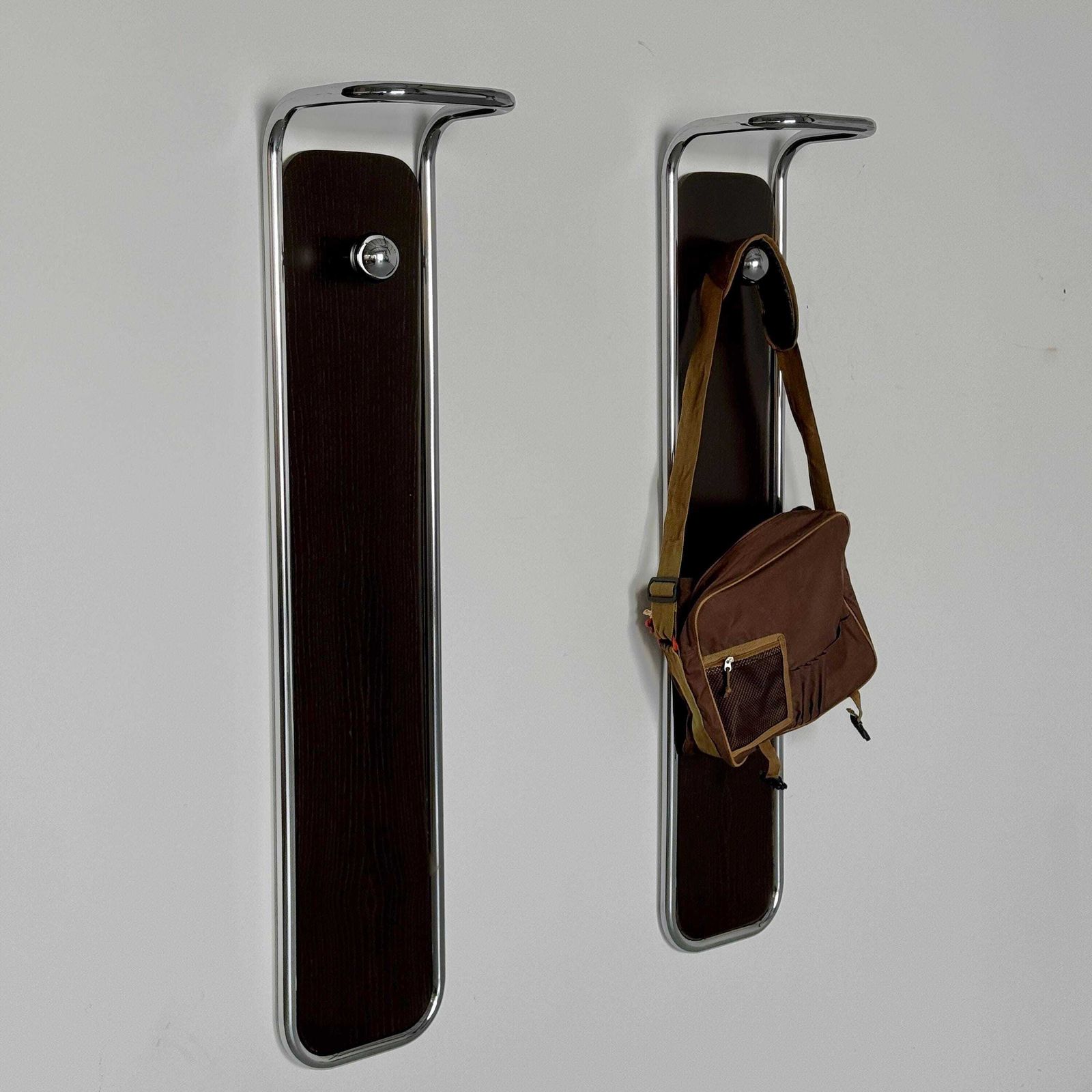 Mid Century Modern Wall Mounted Coat Rack In Wood And Chrome, Italy 1970s photo furniture
