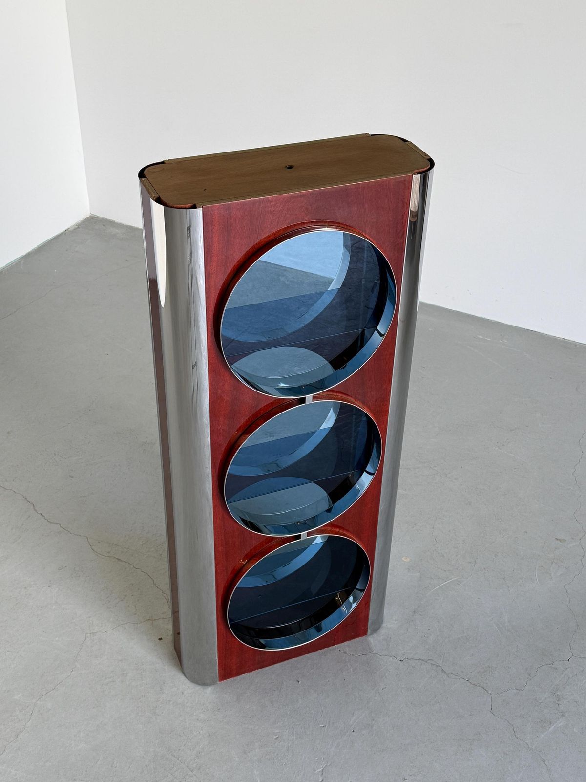 Italian Mid Century Showcase Bar Attributed To Willy Rizzo In Chrome, Blue Smoked Glass And Mahogany Veneer, 1980s photo Furniture