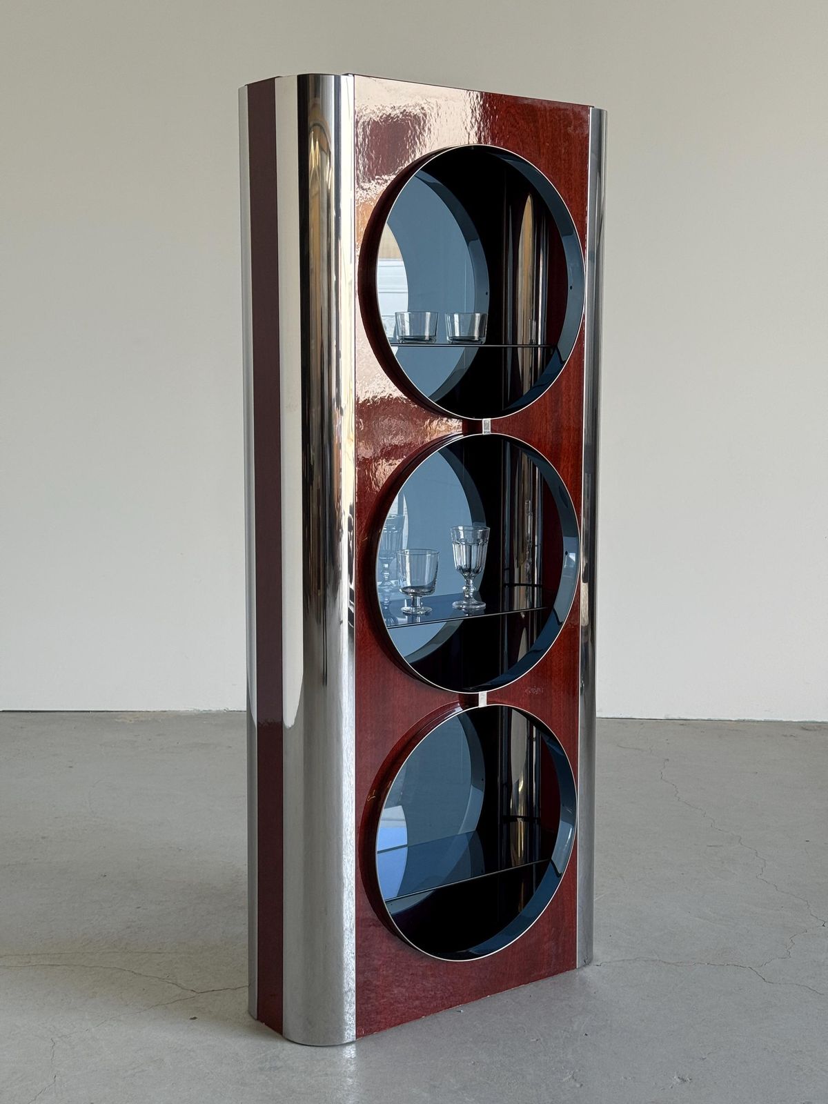 photo for sale Italian Mid Century Showcase Bar Attributed To Willy Rizzo In Chrome, Blue Smoked Glass And Mahogany Veneer, 1980s
