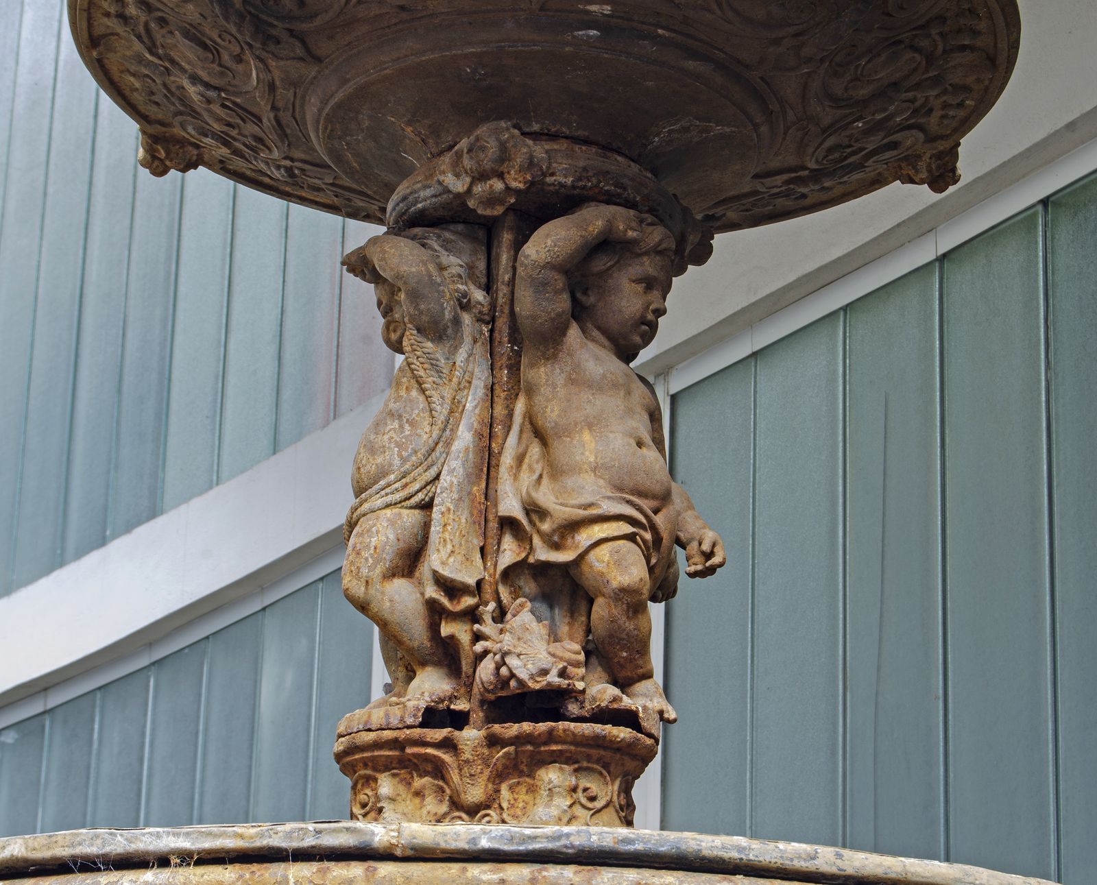 Mid 19th Century Monumental Neoclassical Triple Basin Iron Fountain With Sculptural Motif Of Children By Val D'osne Foundry, France photo for sale