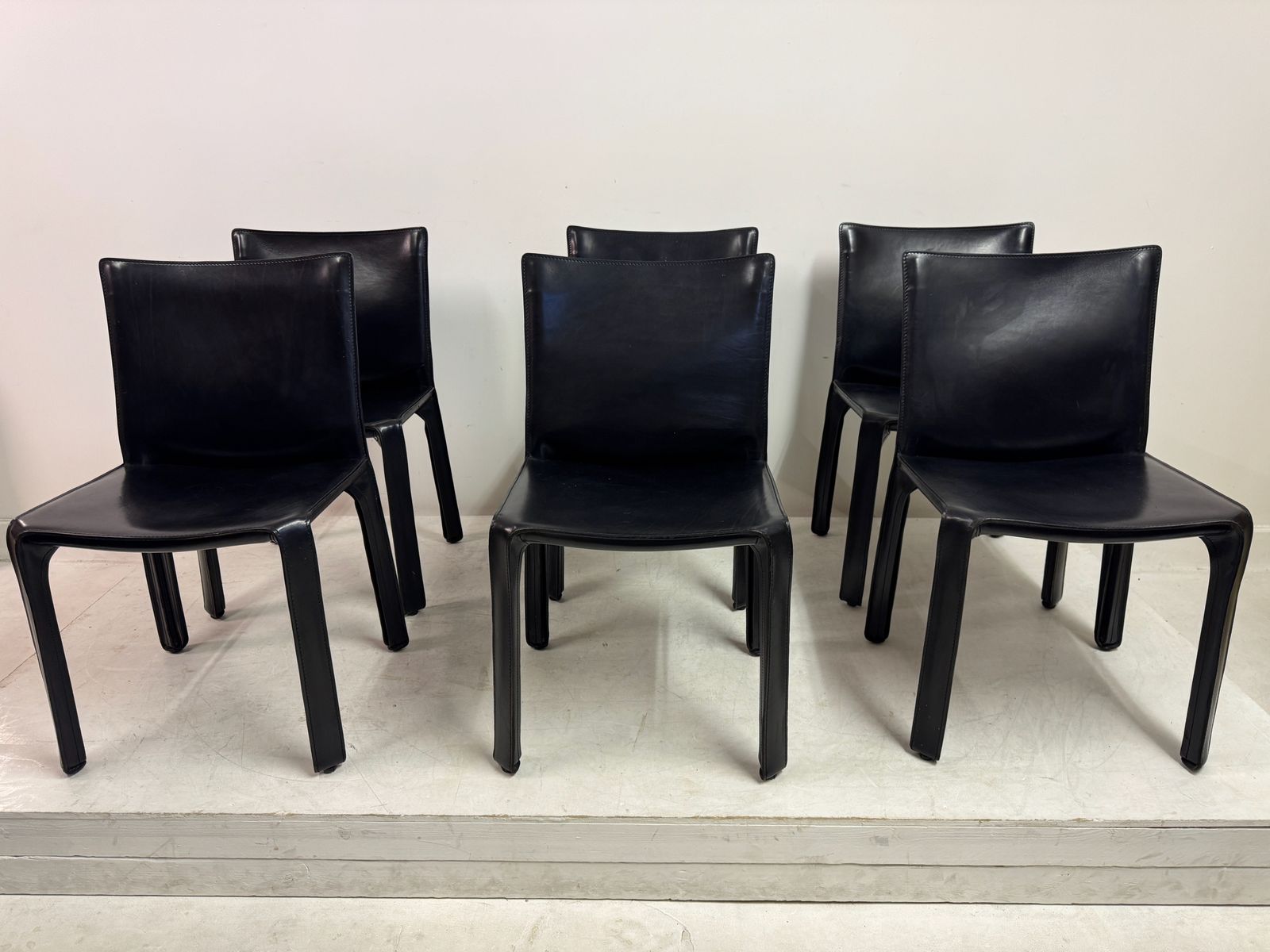 Set Of Six Black Leather Cab Dining Chairs By Mario Bellini For Cassina photo for sale