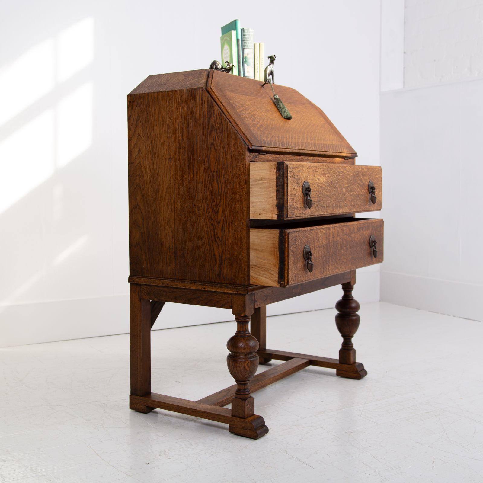 Handsome English Oak 2 Drawer Bureau Desk C1920 photo vintage