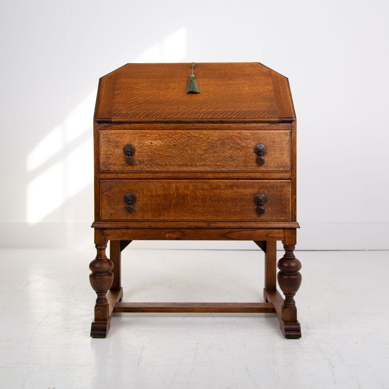 Furniture Handsome English Oak 2 Drawer Bureau Desk C1920 photo