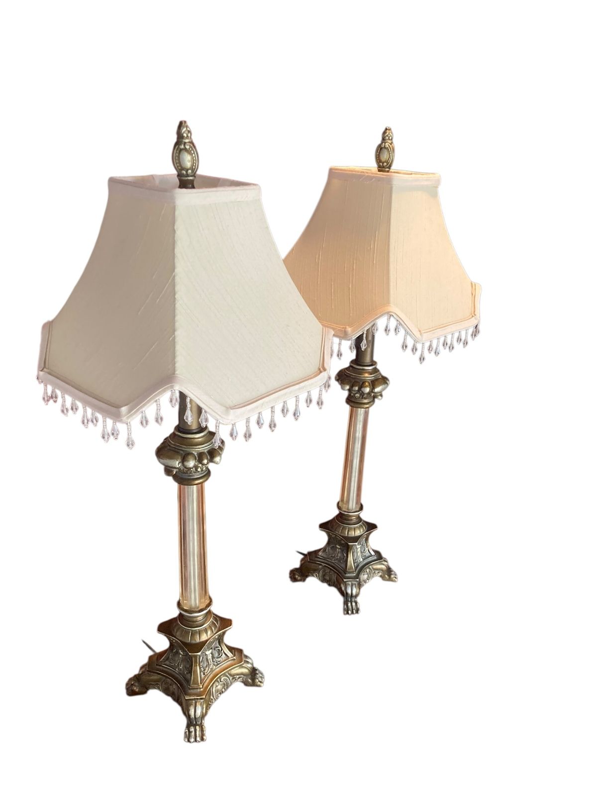 photo for sale Pair Of Regency Style Table Lamps Neoclassical Bases Paw Feet Cream Fabric Shades With Beaded Fringe