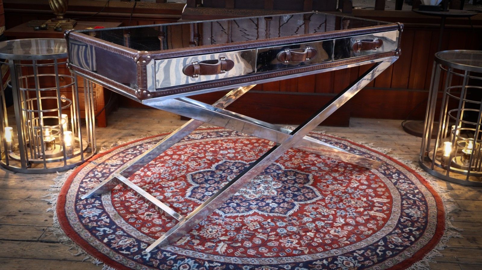 Superb Timothy Oulton Andrew Martin Da Gama Console Desk Drawers Leather Chrome photo vinterior