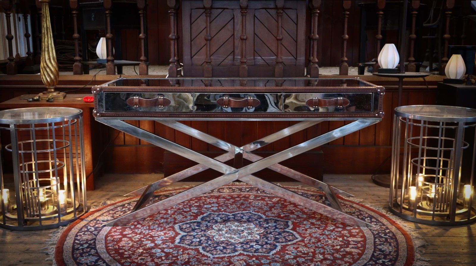 photo for sale Superb Timothy Oulton Andrew Martin Da Gama Console Desk Drawers Leather Chrome