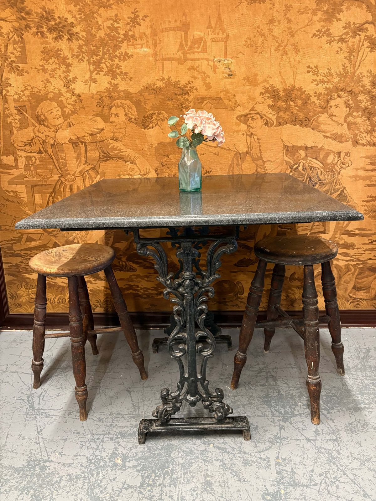 Grey Granite And Antique Cast Iron Base Square Indoor Outdoor Table photo vinterior