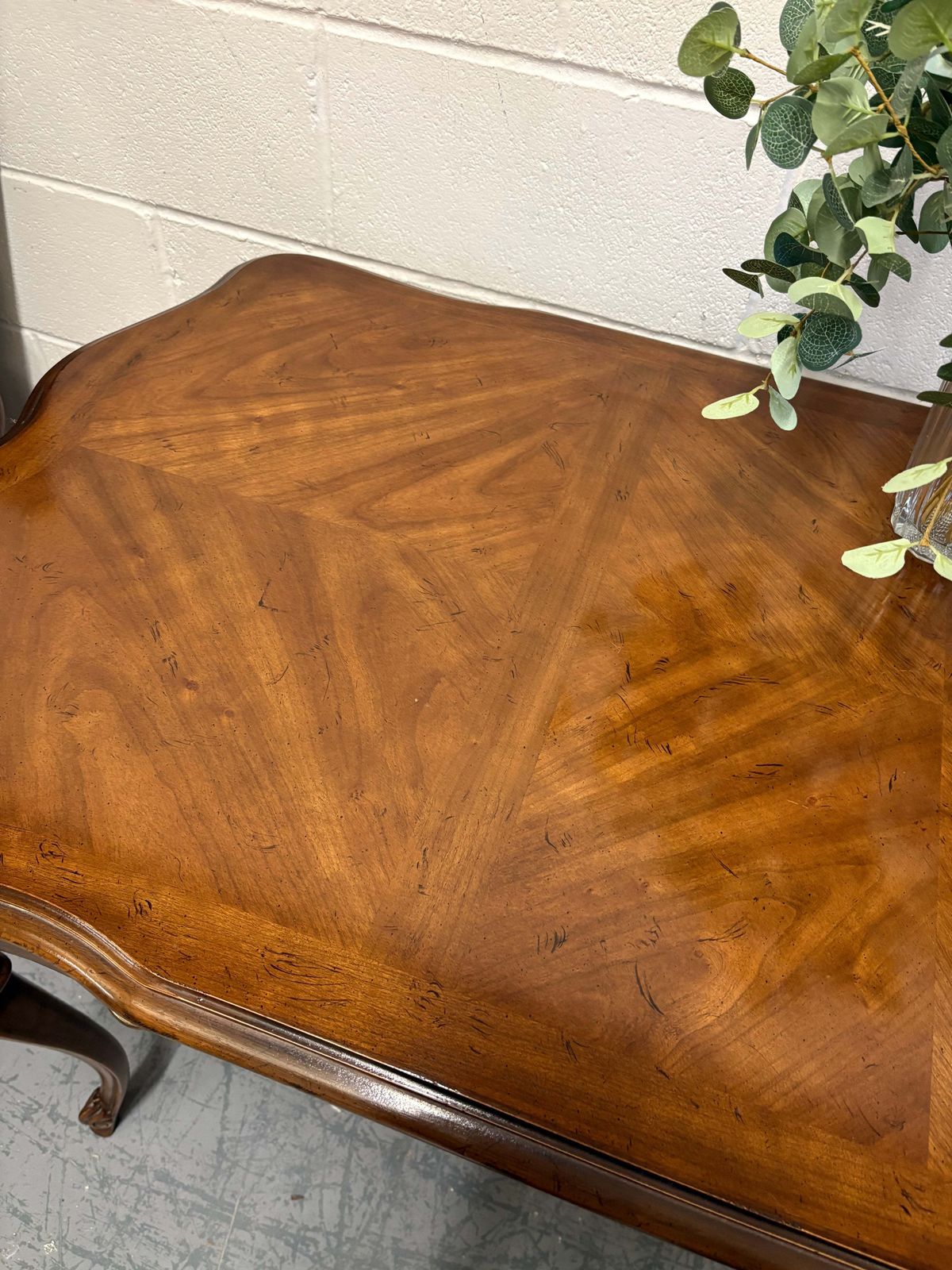 Vintage French Walnut Console Table Parquetry Top & Three Drawers Brass Handles photo for sale