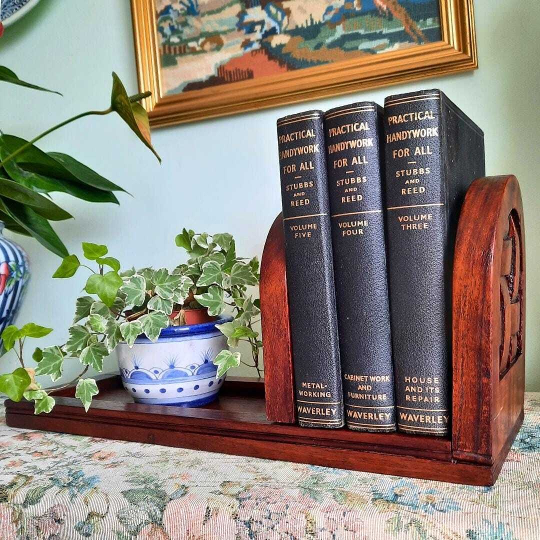 Old English Handcrafted Wooden Folding Book Slide Bookends C 1930's 40's. photo for sale