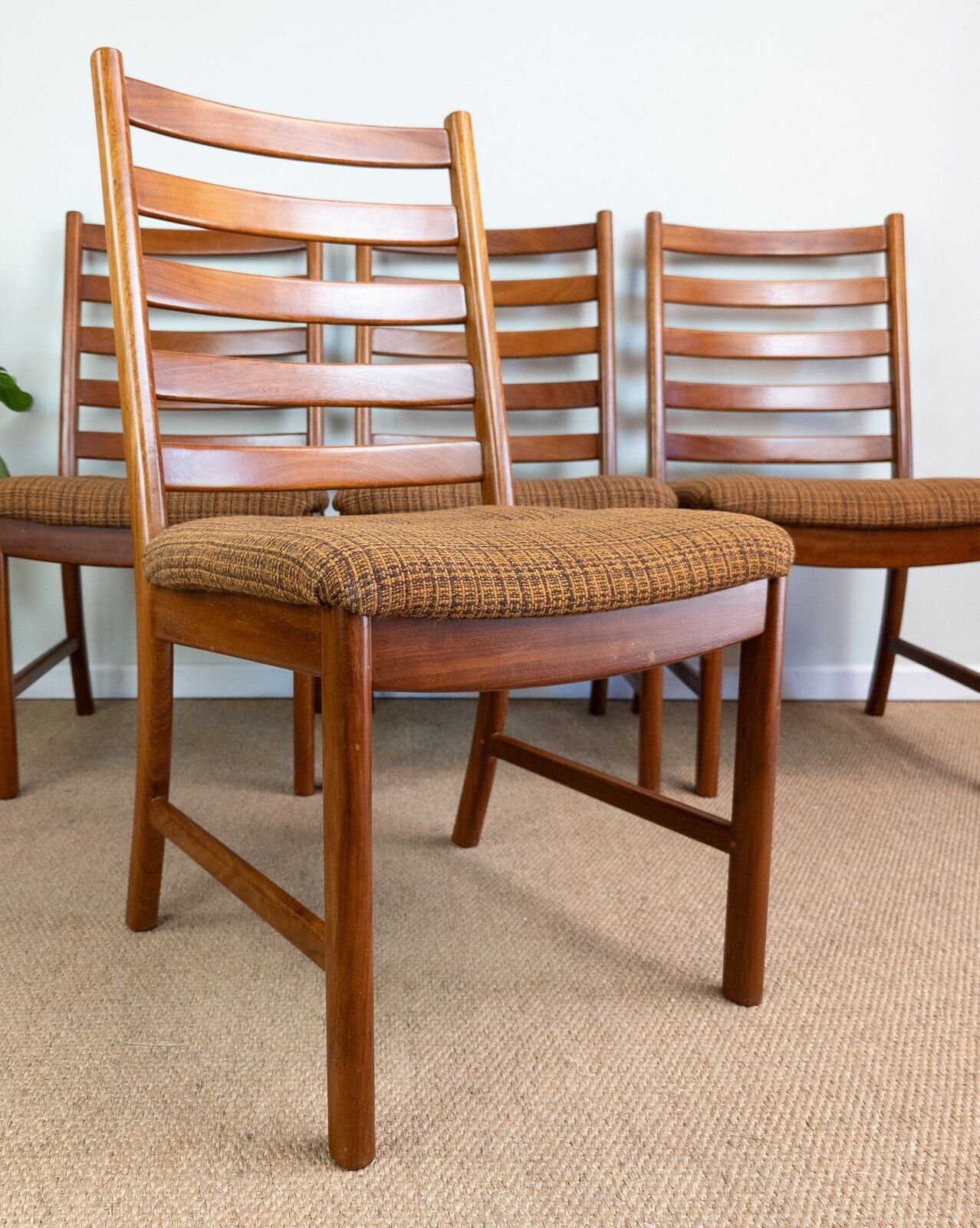 Vintage Mid Century Danish Teak Set Of 4 Js S Large Ladder Back Dining Chairs photo furniture