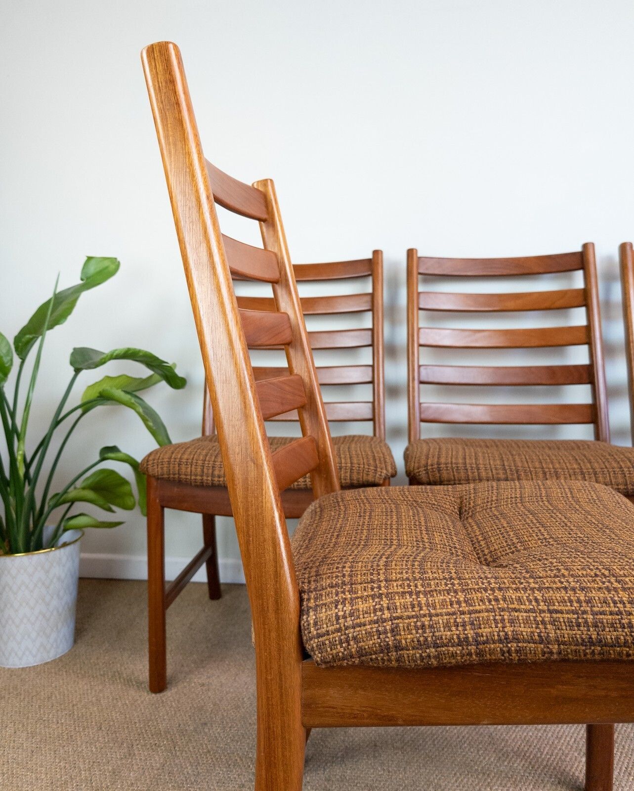 Vintage Mid Century Danish Teak Set Of 4 Js S Large Ladder Back Dining Chairs photo buy
