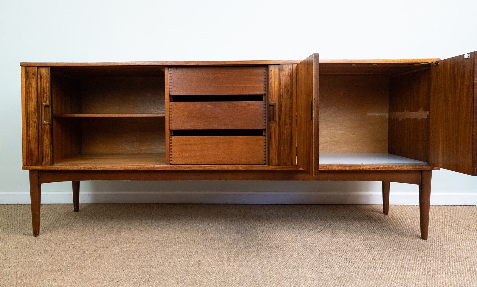 Refinished Vintage Mid Century Rosewood Teak Tambour Sideboard Record Cabinet photo vintage