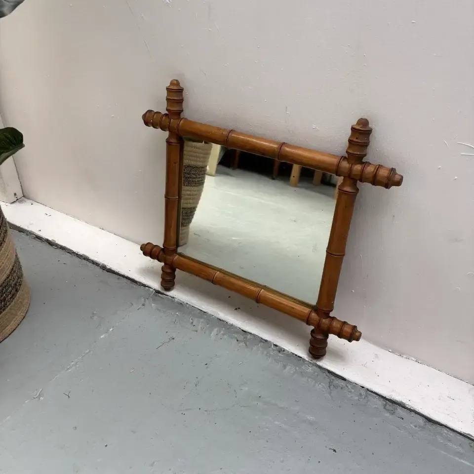 Pine 1920s French Faux Bamboo Small Mirror Reeded Accents 57 X 52 Cm photo vinterior
