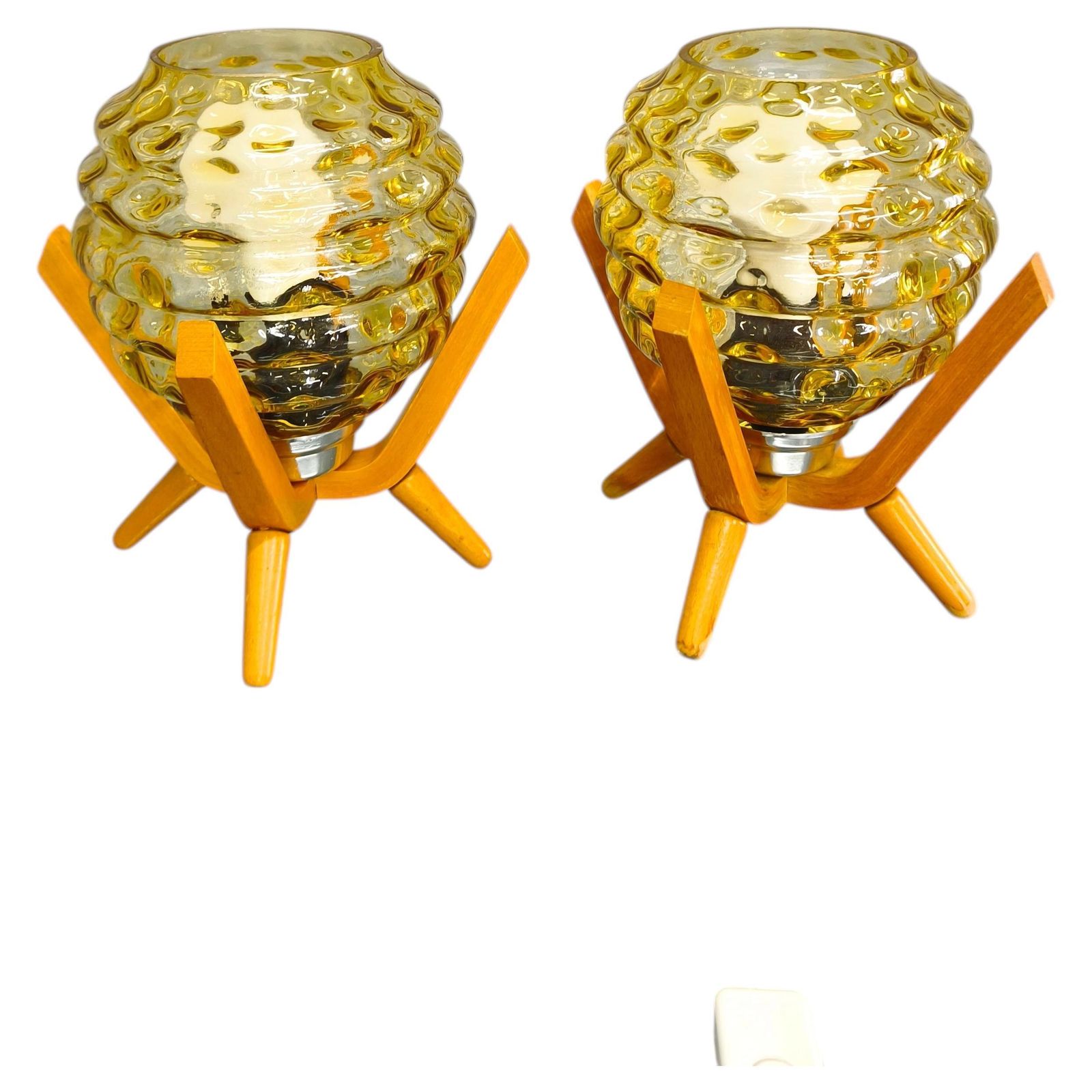 Pair Czech 1970s Wood And Yellow Glass Mid Century Table Lamps