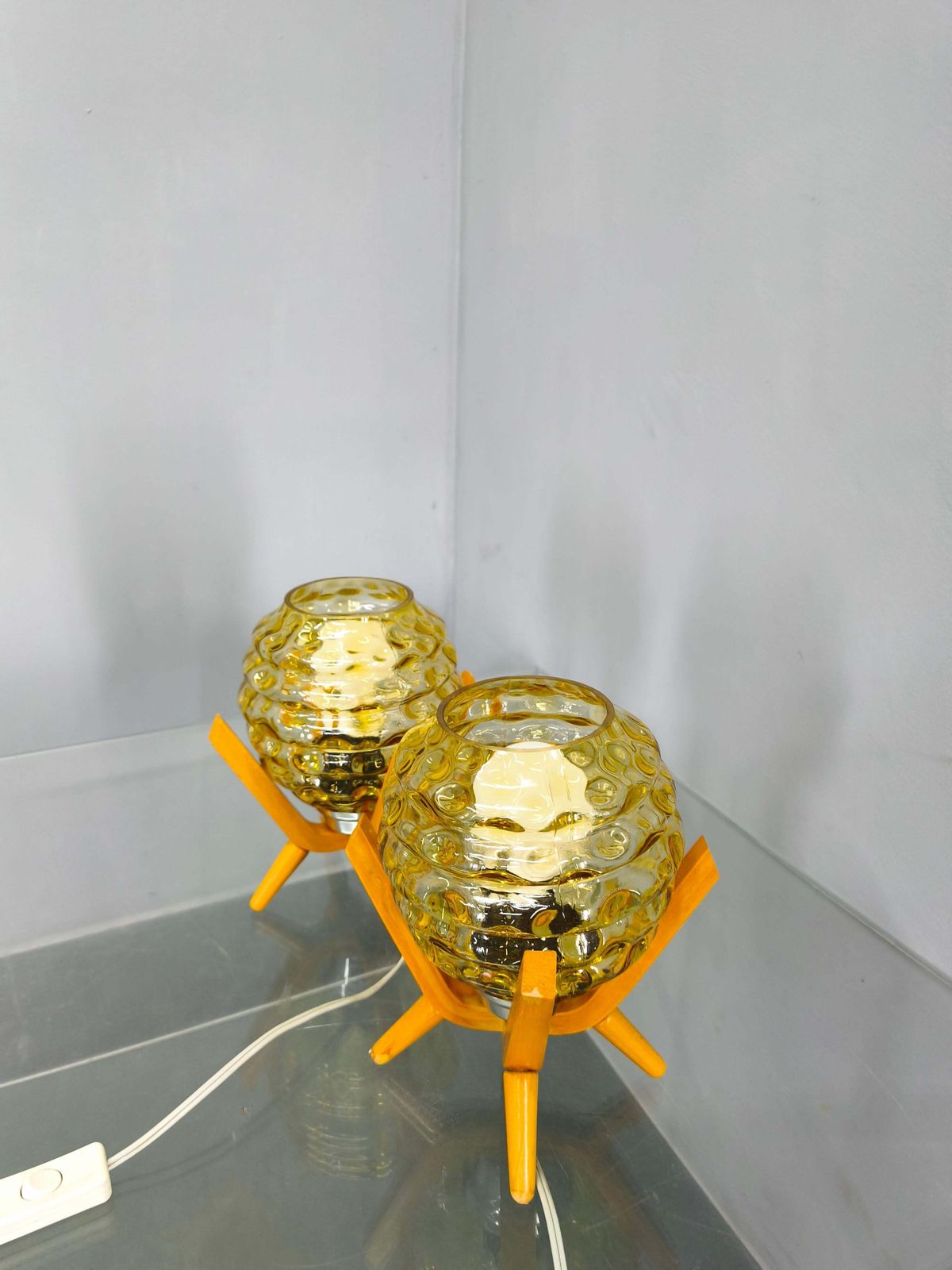 Pair Czech 1970s Wood And Yellow Glass Mid Century Table Lamps photo for sale