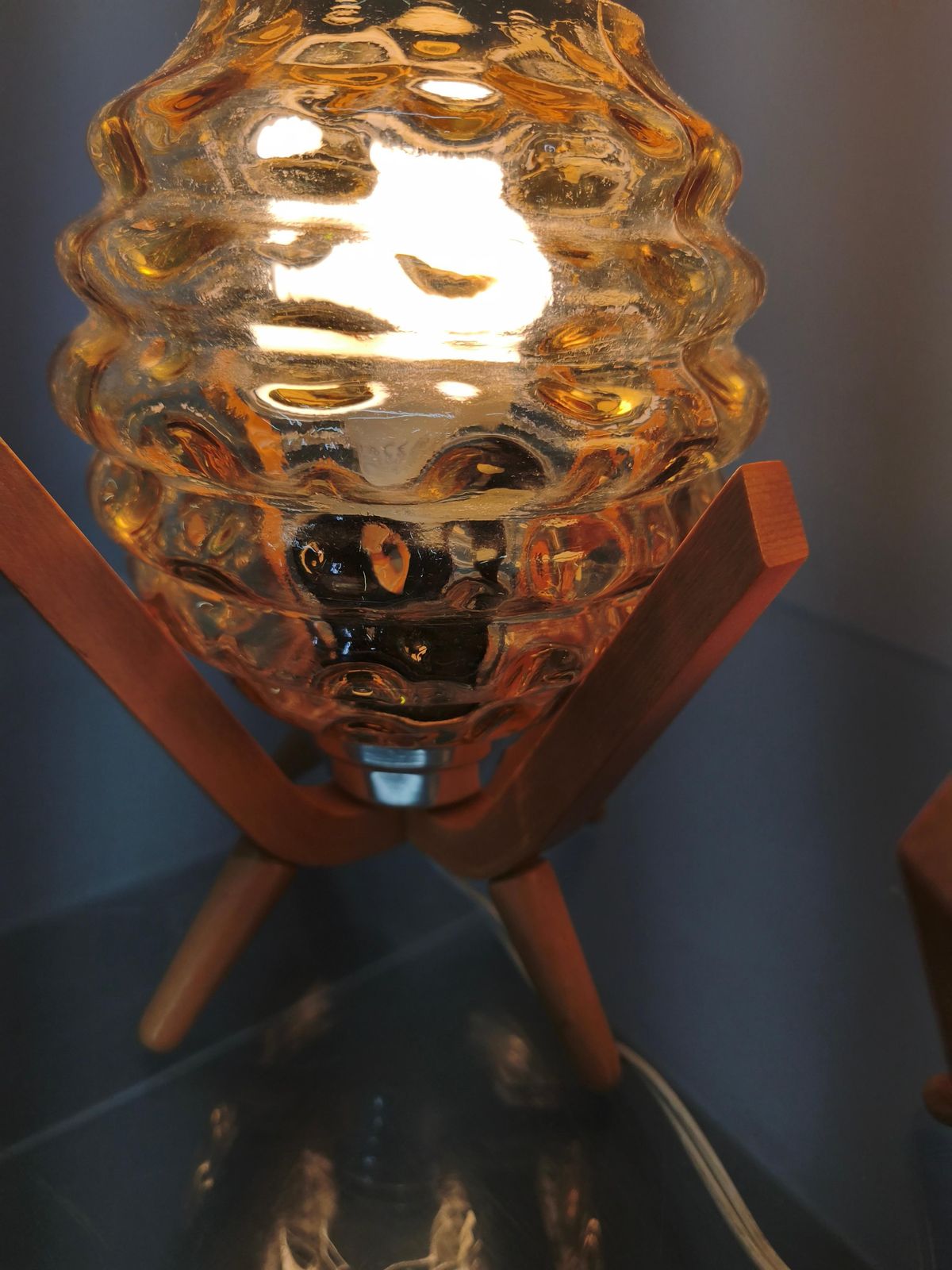 Pair Czech 1970s Wood And Yellow Glass Mid Century Table Lamps photo vintage