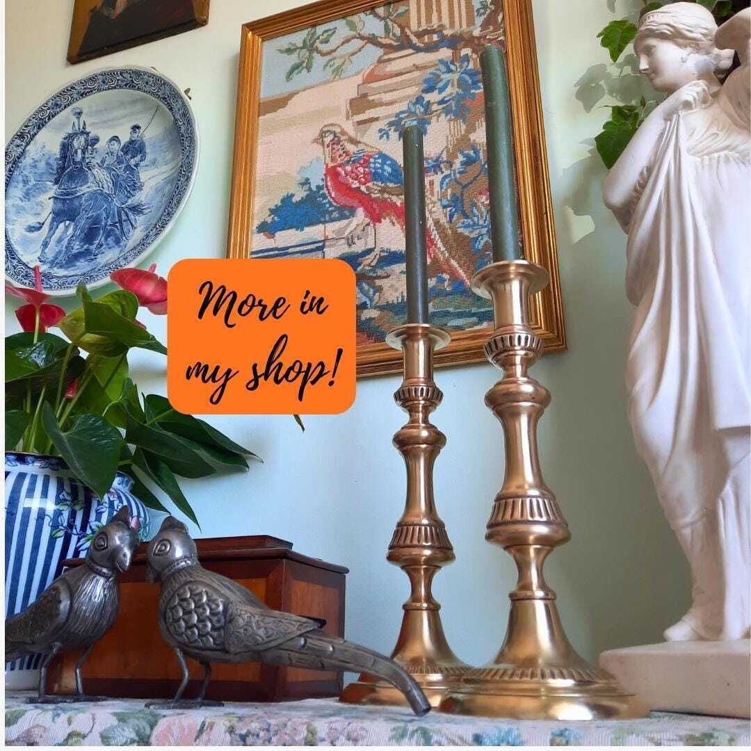 Tall And Chunky Antique Victorian Brass Candle Holders Pair 1800s H 12.2'' photo vinterior
