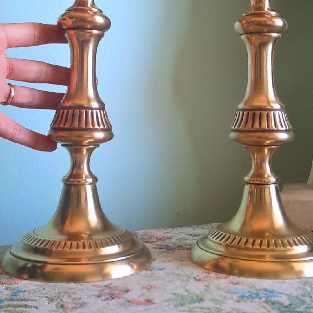 Tall And Chunky Antique Victorian Brass Candle Holders Pair 1800s H 12.2'' photo buy