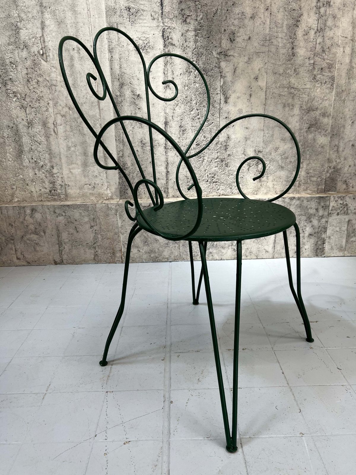 Set Of 4 Painted Forest Green Metal Garden Chairs photo for sale