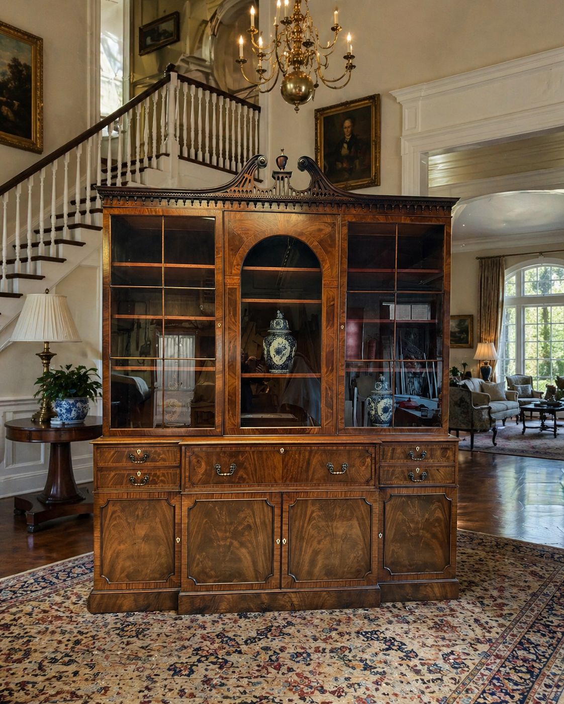 Monumental Pair Of Walnut Inlaid Secretaire Bookcases Circa 1950 photo for sale