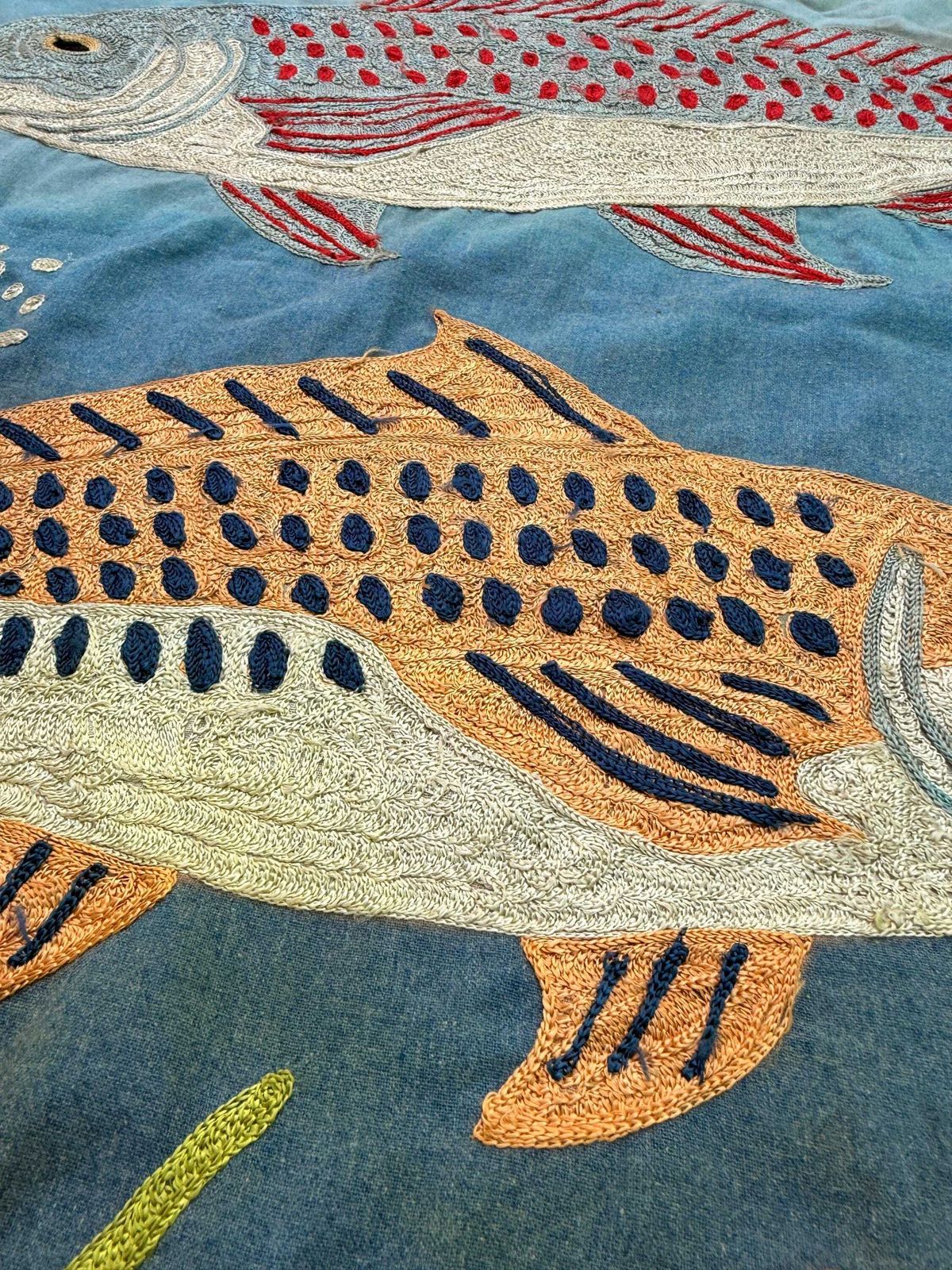 Vintage Hand Embroidered Cotton Textile Wall Hanging: Fish Motif Silk Thread Art photo vinterior