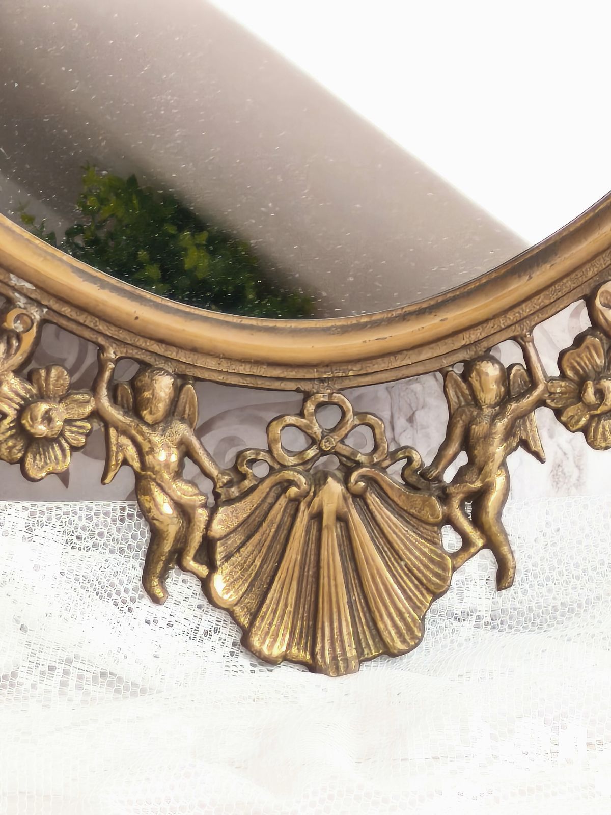 Large Antique Brass Wall Mirror With Cherubs, Oval Ornate Rocaille Design photo Home Decor