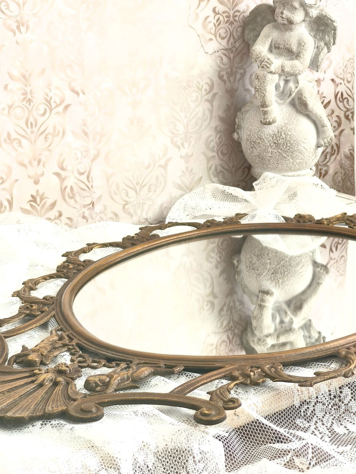 photo for sale Large Antique Brass Wall Mirror With Cherubs, Oval Ornate Rocaille Design