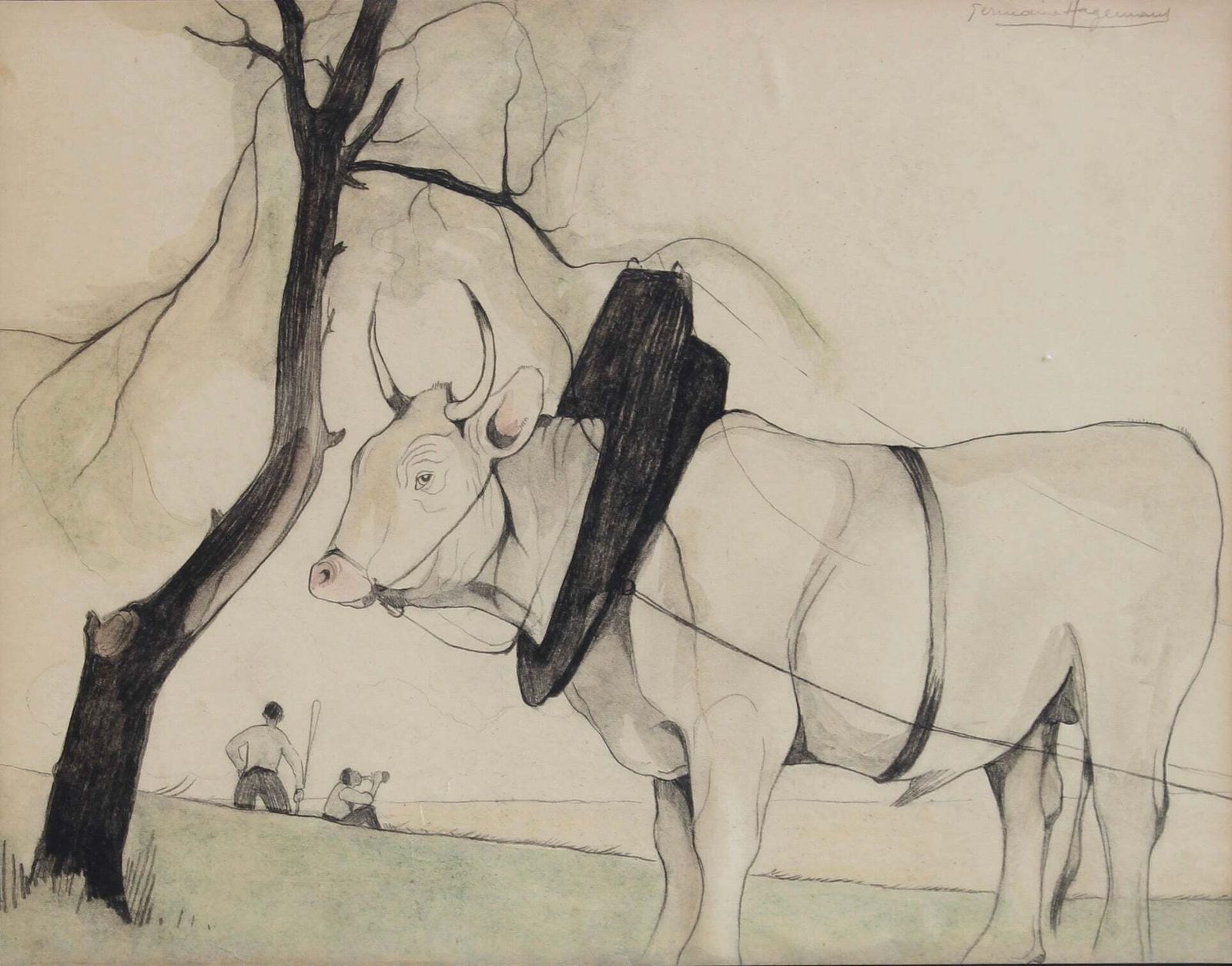 'Idyllic Landscape With Ox And Figures' By Germaine Hageman (Circa 1930s 40s) photo furniture