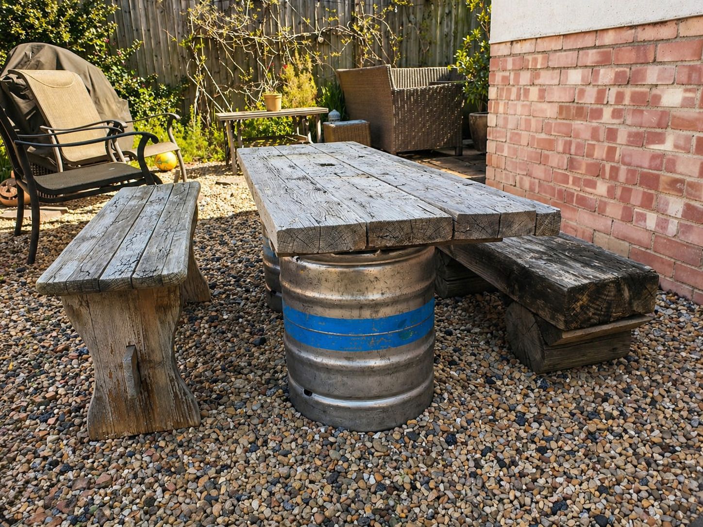 Vintage Railway Sleeper Bench – Solid Hardwood Top On Beer Barrel Bases