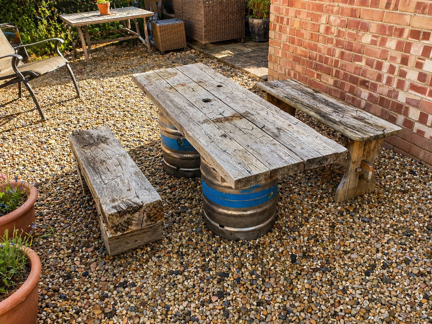 Vintage Railway Sleeper Bench – Solid Hardwood Top On Beer Barrel Bases photo furniture