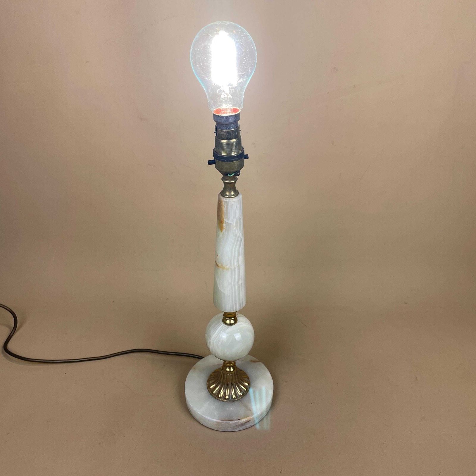 Antique Onyx Marble Lamp Light Brass Gold Metal Green Bedside Side Table Column Marbled Patterned Vintage Pattern Stone Ornate Round Base photo buy