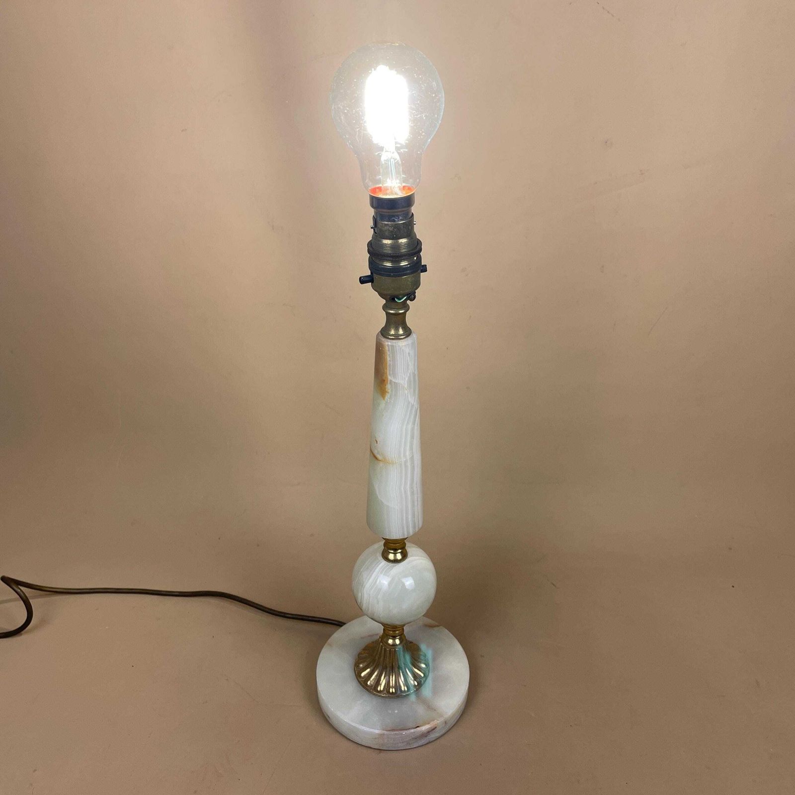 Lighting Antique Onyx Marble Lamp Light Brass Gold Metal Green Bedside Side Table Column Marbled Patterned Vintage Pattern Stone Ornate Round Base photo