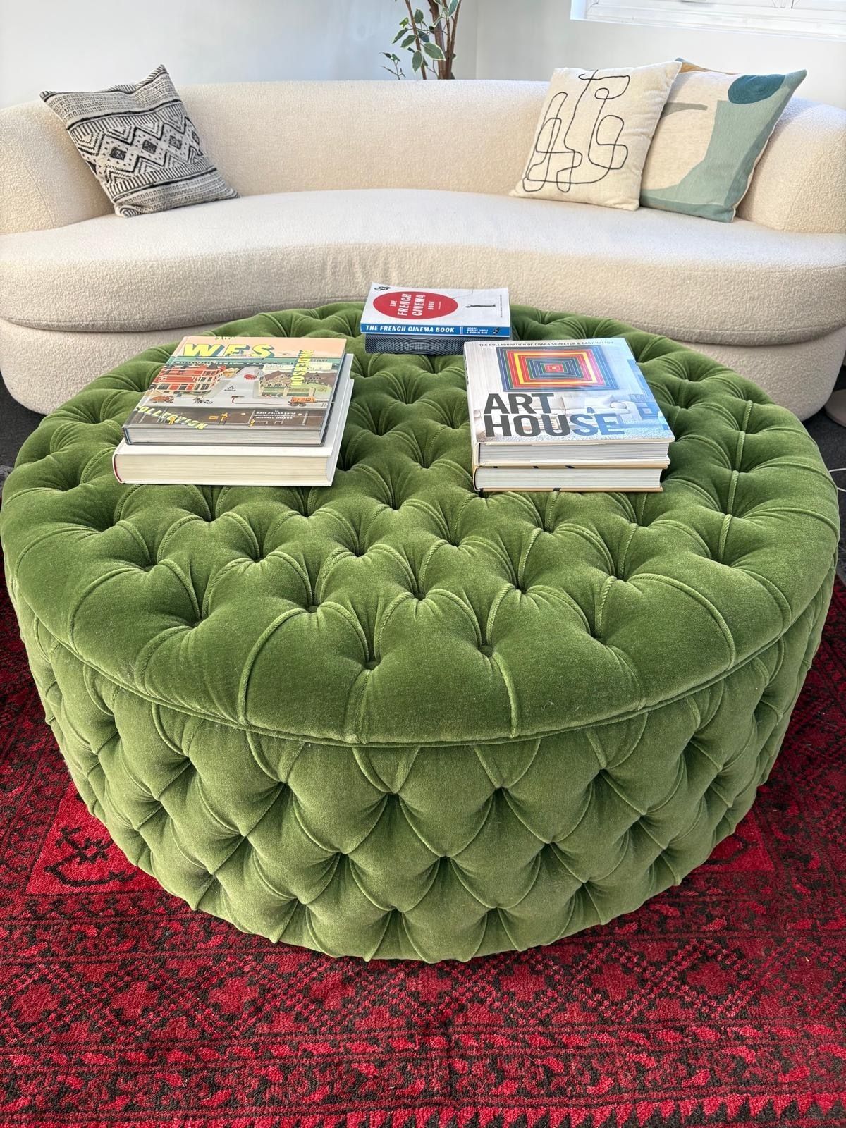 Large Round Green Mohair Velvet Tufted Ottoman photo for sale