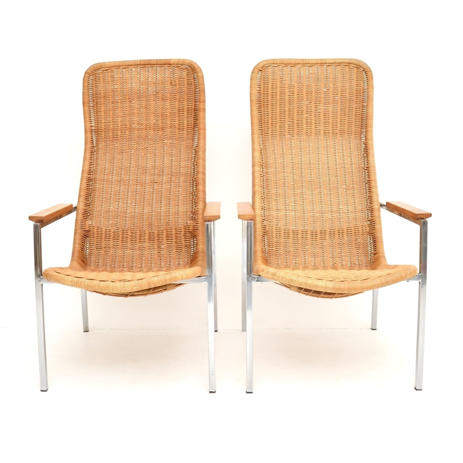 Pair Of Vintage Chrome And Rattan Armchairs By Dirk Van Sliedrecht. photo for sale