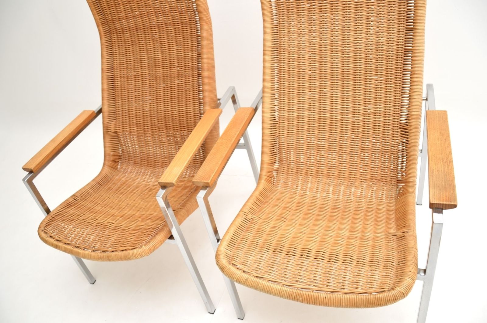 photo for sale Pair Of Vintage Chrome And Rattan Armchairs By Dirk Van Sliedrecht.