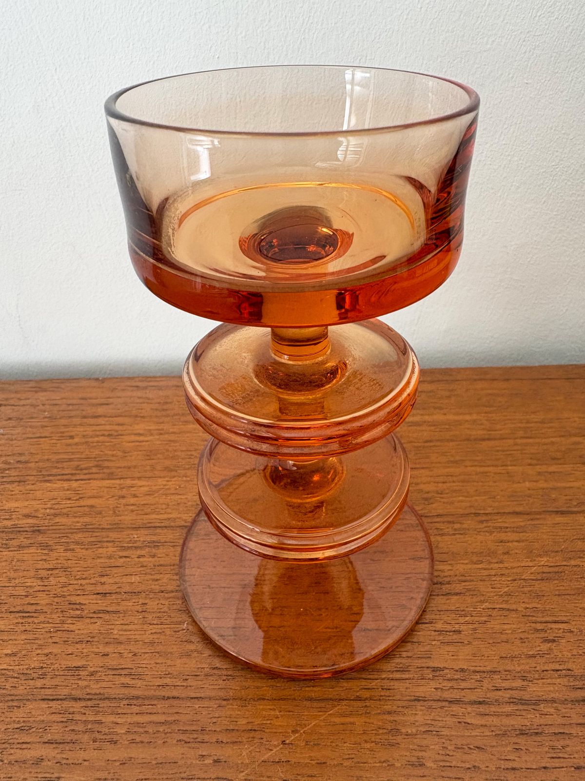 Pair Of Midcentury Modernist Wedgwood 'Sheringham' Glass Amber 2 Disk Candleholders, 1960s photo for sale