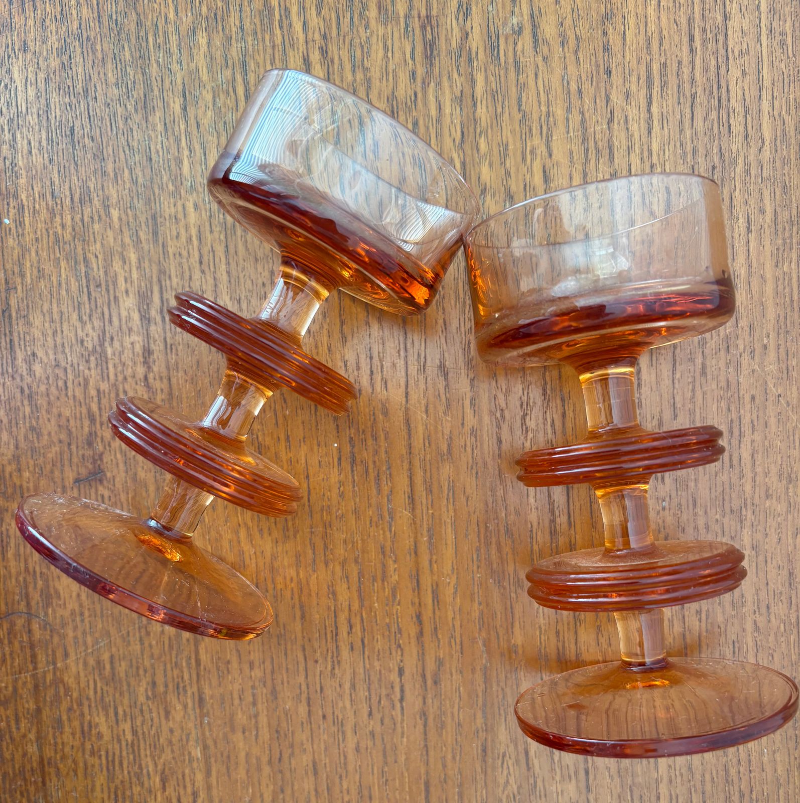 Pair Of Midcentury Modernist Wedgwood 'Sheringham' Glass Amber 2 Disk Candleholders, 1960s photo Home Decor
