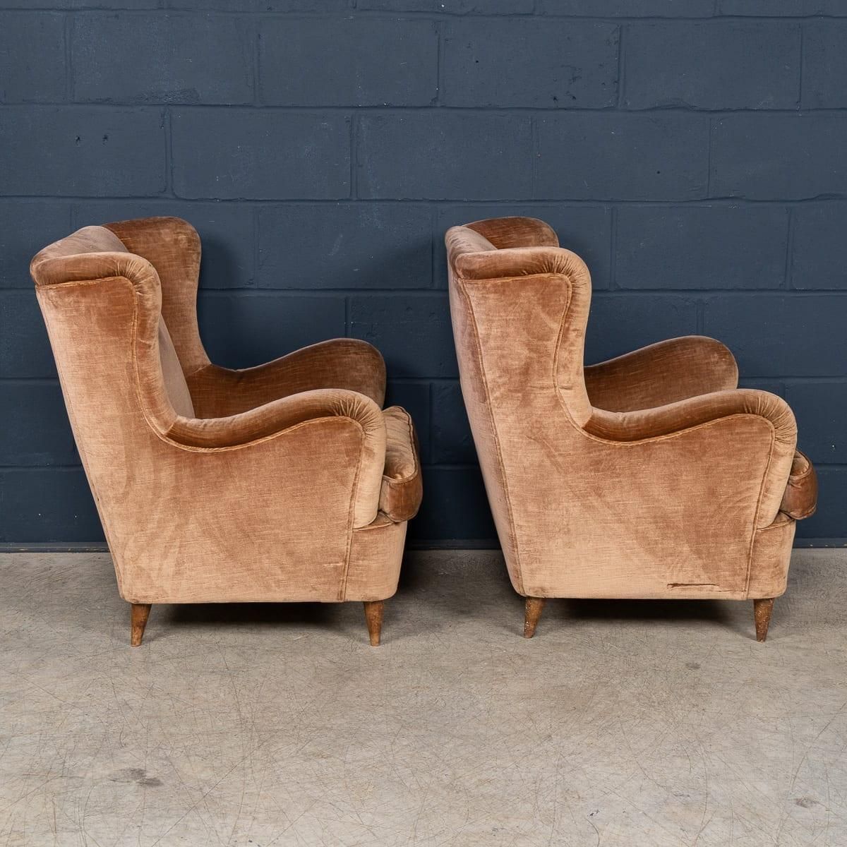 Vintage 20th Century Italian Pair Of Velvet Wingback Armchairs C.1960 photo vinterior